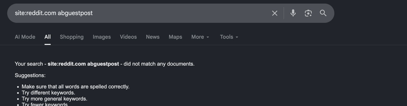 Google search for site:reddit.com abguestpost returning no matching documents