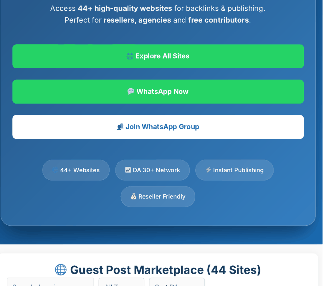 AbGuestPost homepage showing badges for 44+ Websites and DA 30+ Network above a table titled Guest Post Marketplace (44 Sites)