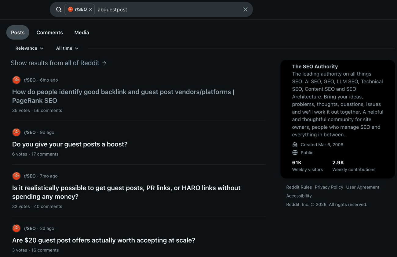 Reddit r/SEO search for abguestpost returning general guest-posting threads