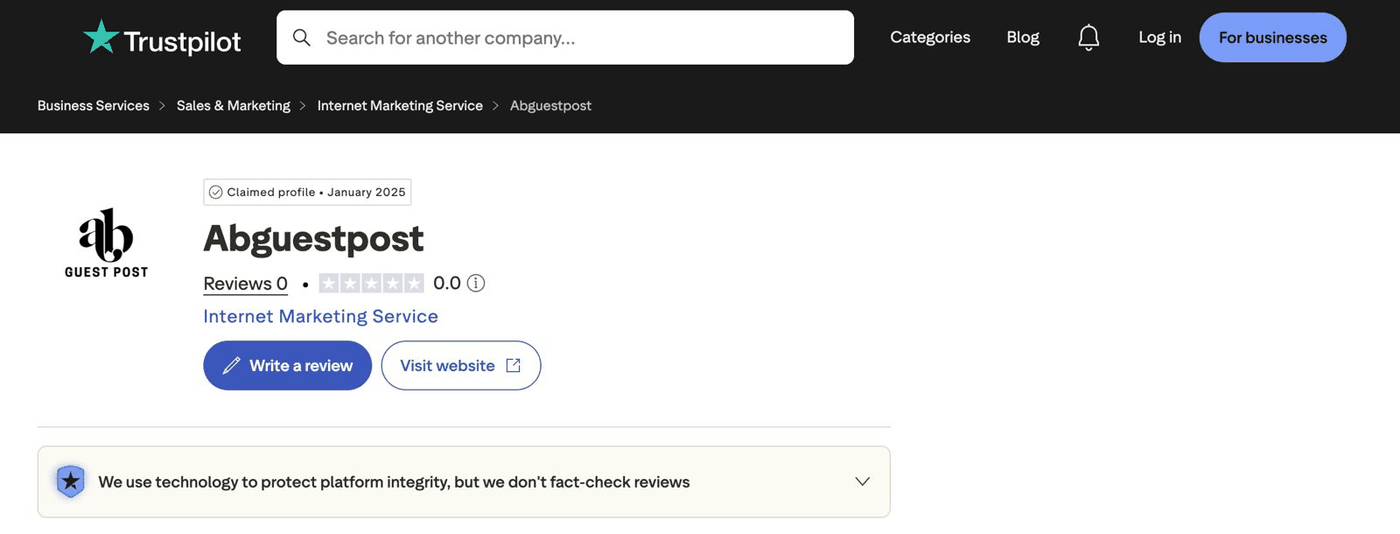 Trustpilot profile for Abguestpost, claimed in January 2026, showing zero reviews