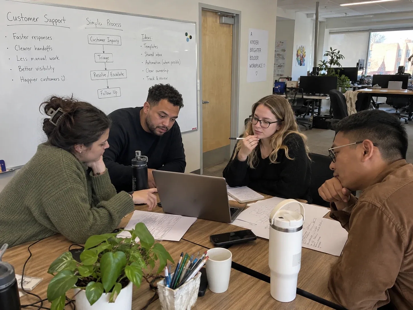 Customer support team reviewing a simplified support process mapped on a whiteboard during a meeting