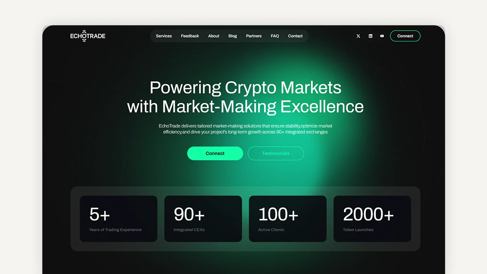 EchoTrade website homepage showing 5+ years trading experience, 90+ integrated CEXs, 100+ active clients, 2000+ token launches