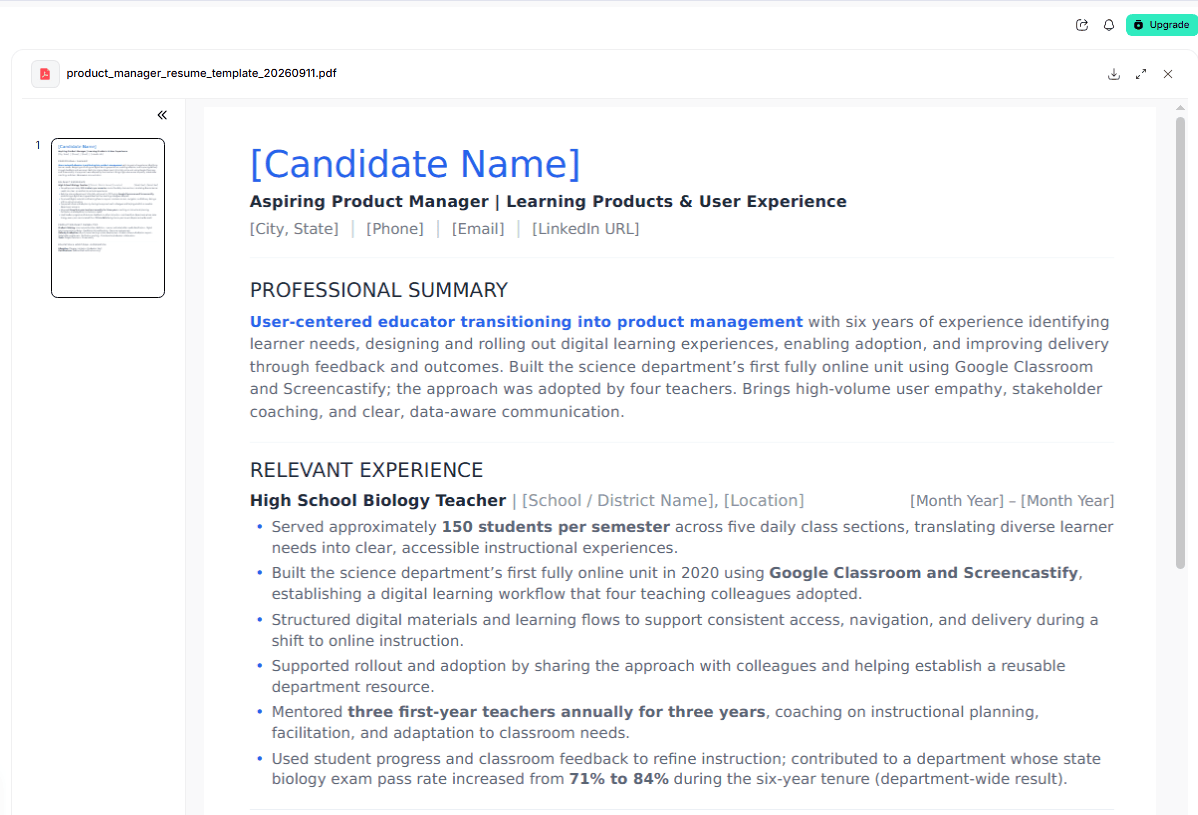 Generated product manager resume showing a teacher's experience rewritten in product management language