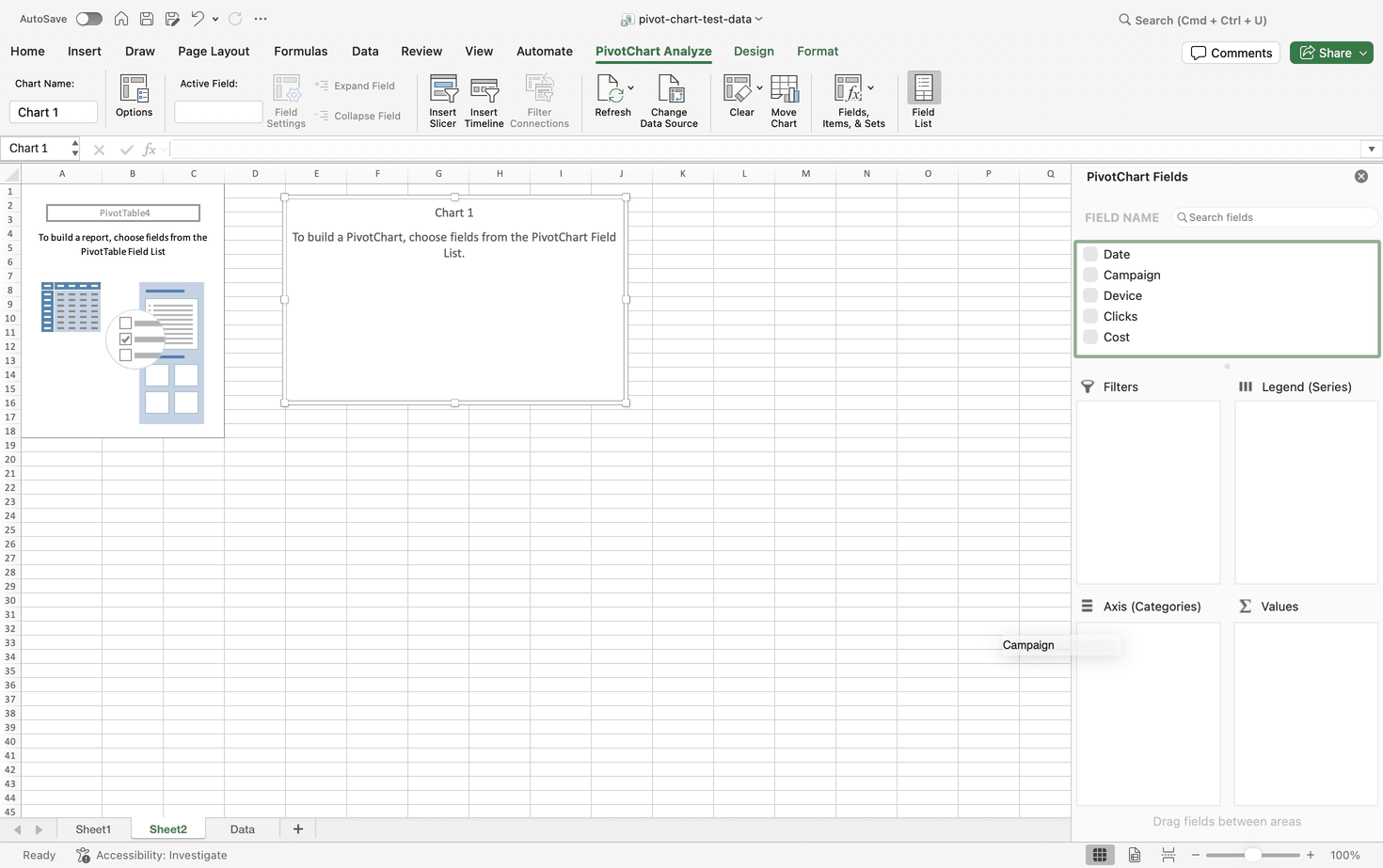 Excel for Mac sheet showing an empty PivotTable placeholder beside a blank PivotChart canvas and the PivotChart Fields pane
