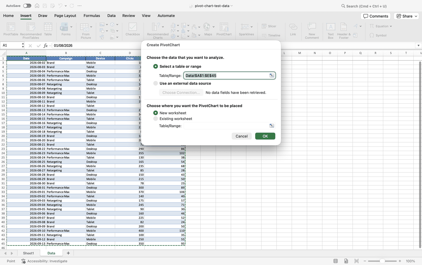 Create PivotChart dialog in Excel for Mac with the range Data!$A$1:$E$45 and New worksheet selected