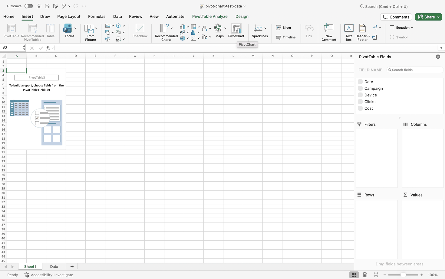 Insert tab in Excel for Mac showing the PivotChart button next to Maps and Sparklines