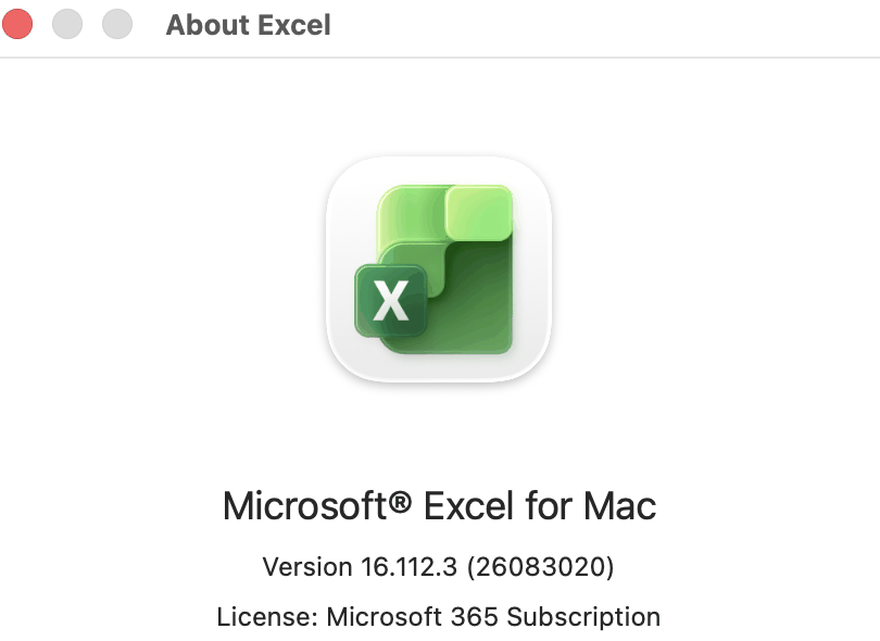 About Excel window showing Microsoft Excel for Mac Version 16.112.3 (26083020) with a Microsoft 365 Subscription license