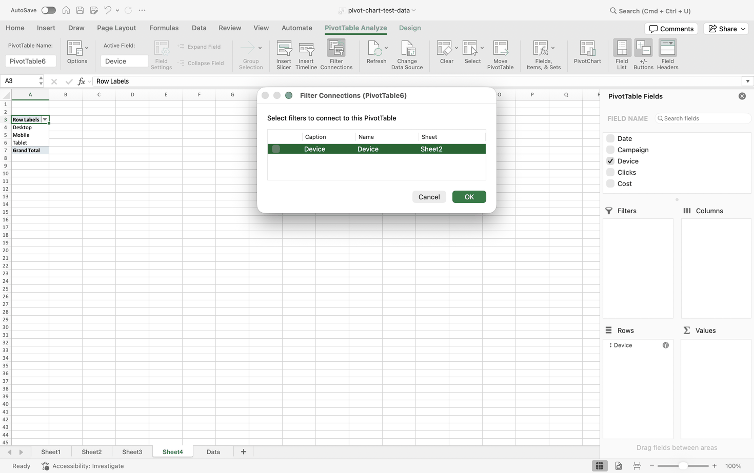 Filter Connections dialog in Excel for Mac for PivotTable6 listing a Device slicer on Sheet2