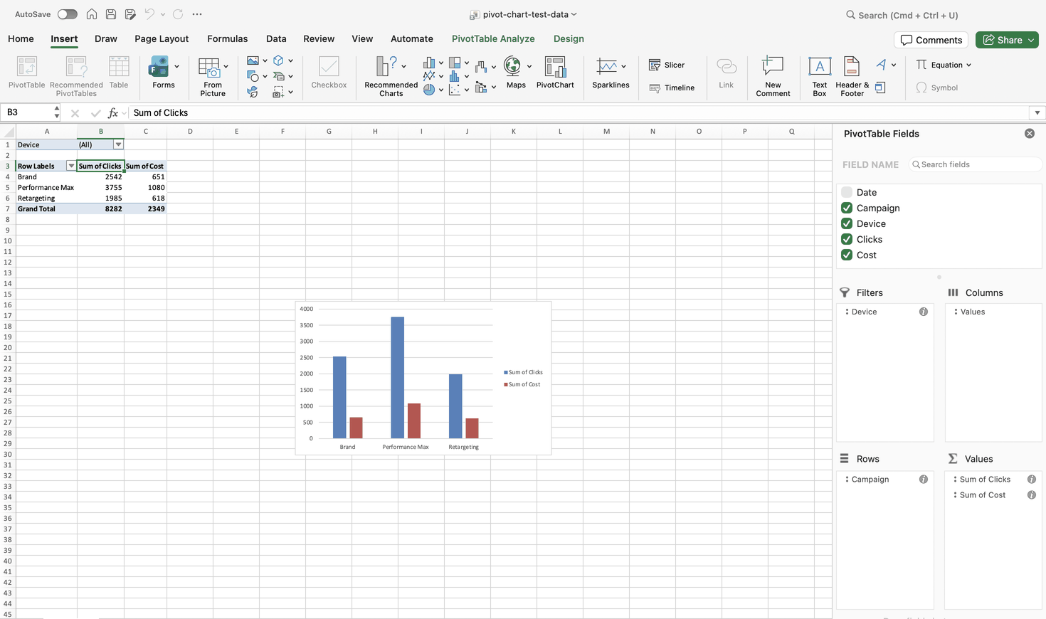 Pivot chart in Excel for Mac with no field buttons on the chart surface, next to its PivotTable