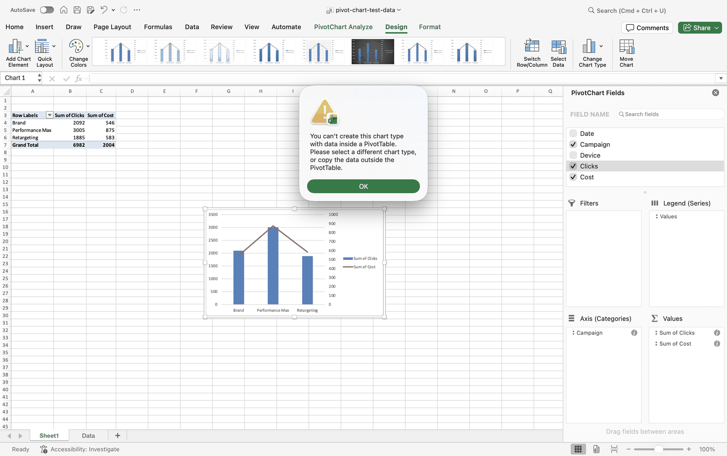 Excel for Mac error dialog saying you can't create this chart type with data inside a PivotTable
