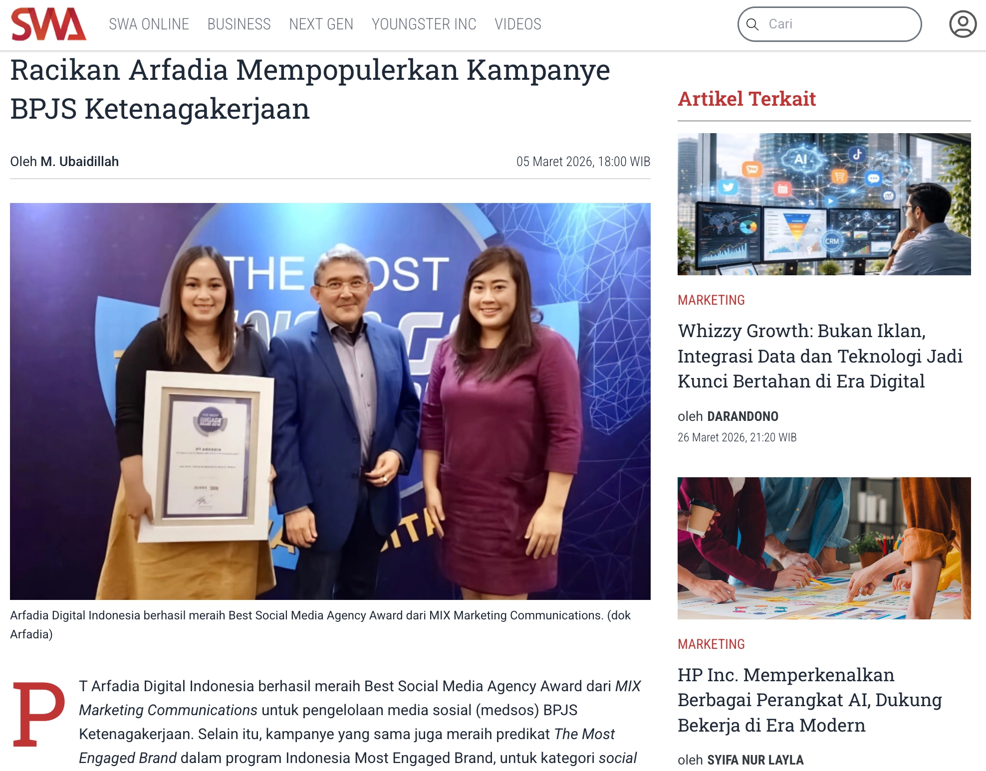 Arfadia receiving the BPJS SWA Award
