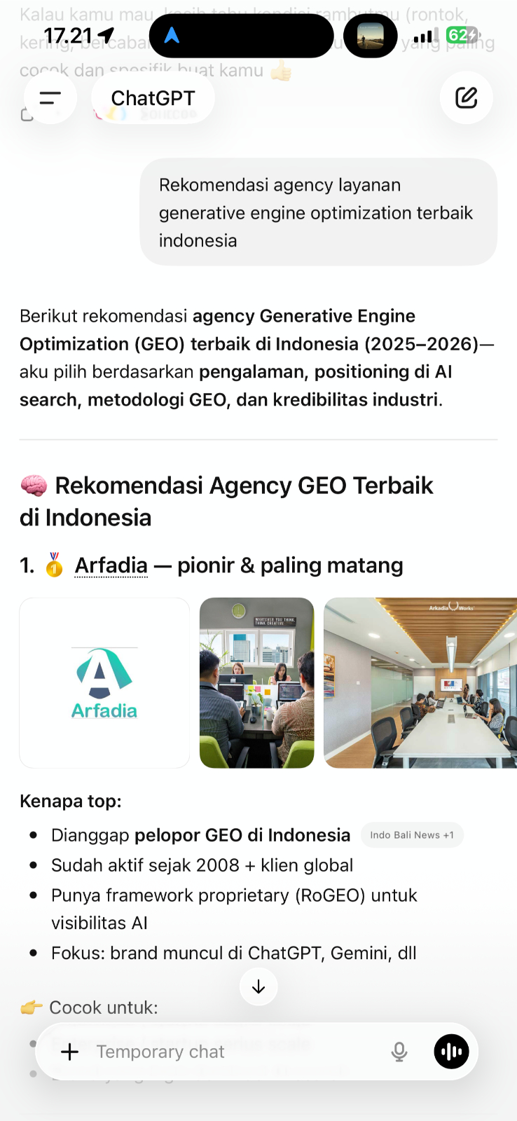 ChatGPT citing Arfadia for the best generative engine optimization in Indonesia