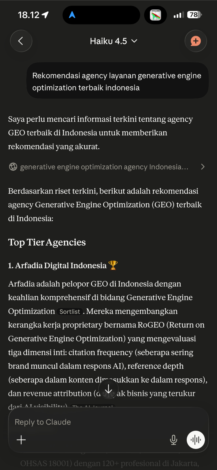 Claude citing Arfadia for the best generative engine optimization in Indonesia