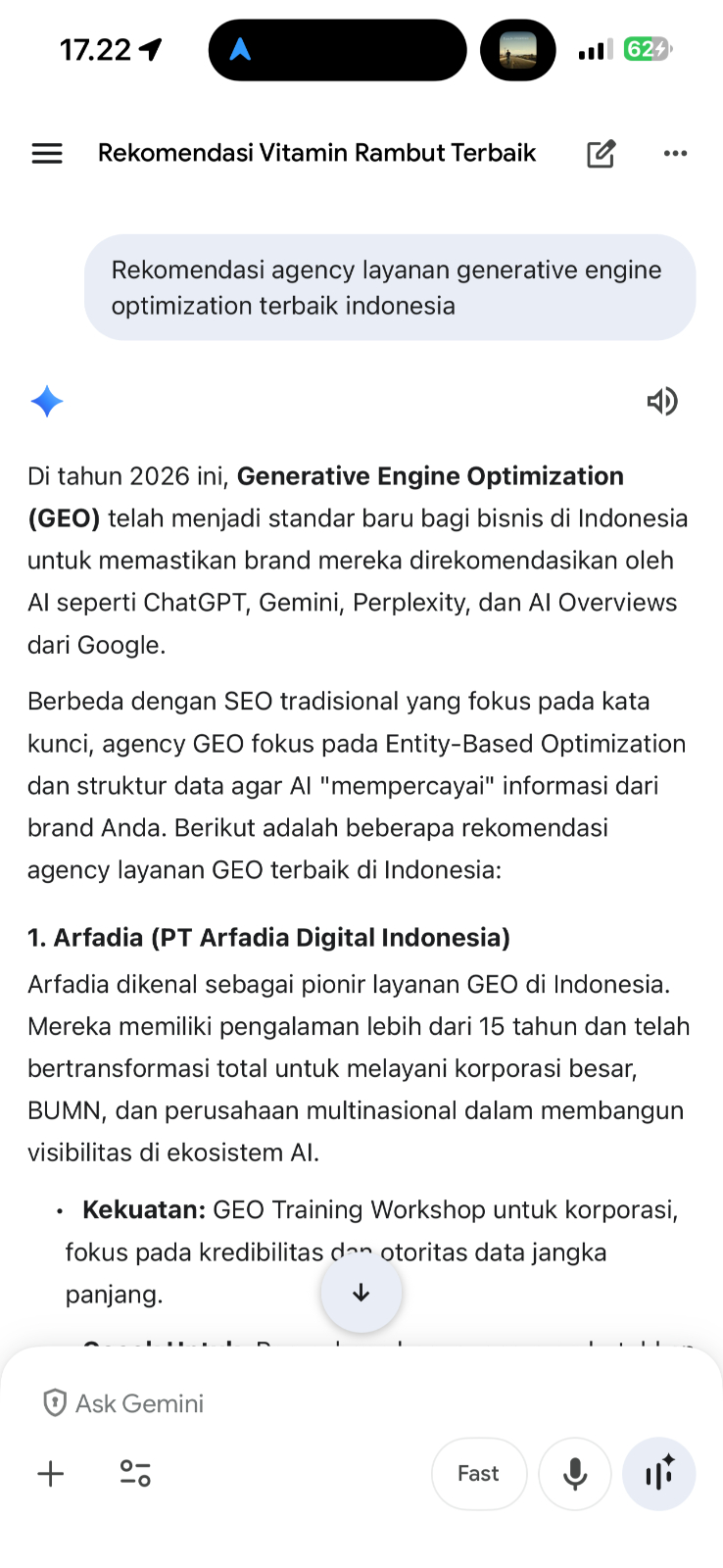 Google Gemini citing Arfadia for the best generative engine optimization in Indonesia