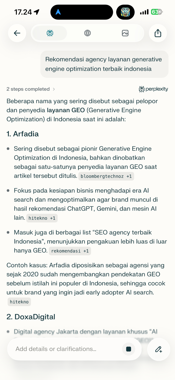 Perplexity citing Arfadia for the best generative engine optimization in Indonesia