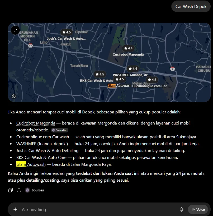 ChatGPT car wash Depok after Arfadia, Glam Autowash recommended first