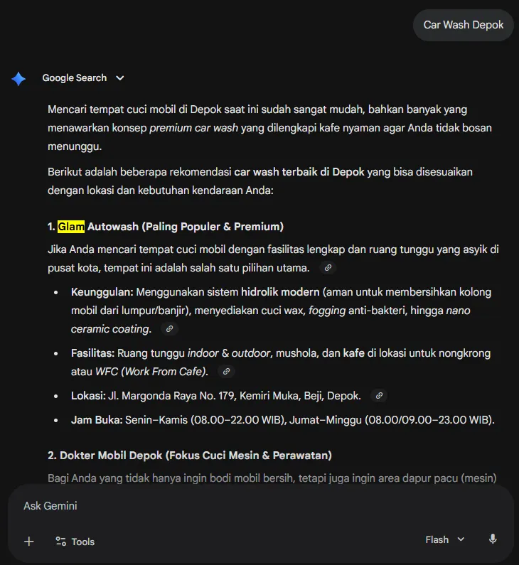 Google Gemini car wash Depok after Arfadia, Glam Autowash listed