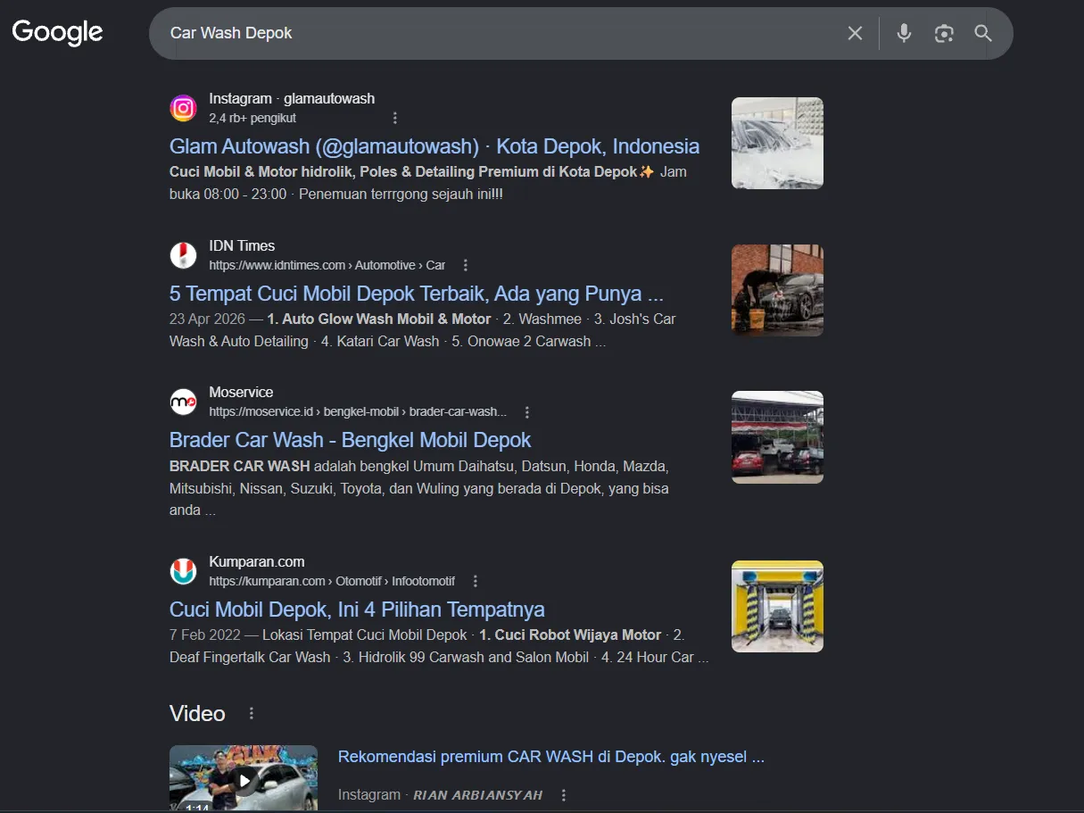 Google search car wash Depok after Arfadia, Glam Autowash ranking with profile and media