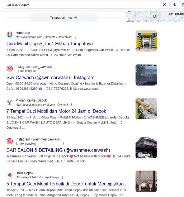 Google search car wash Depok before Arfadia, Glam Autowash not on page one