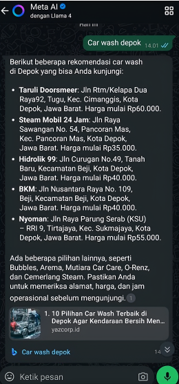 Meta AI car wash Depok before Arfadia, Glam Autowash not shown