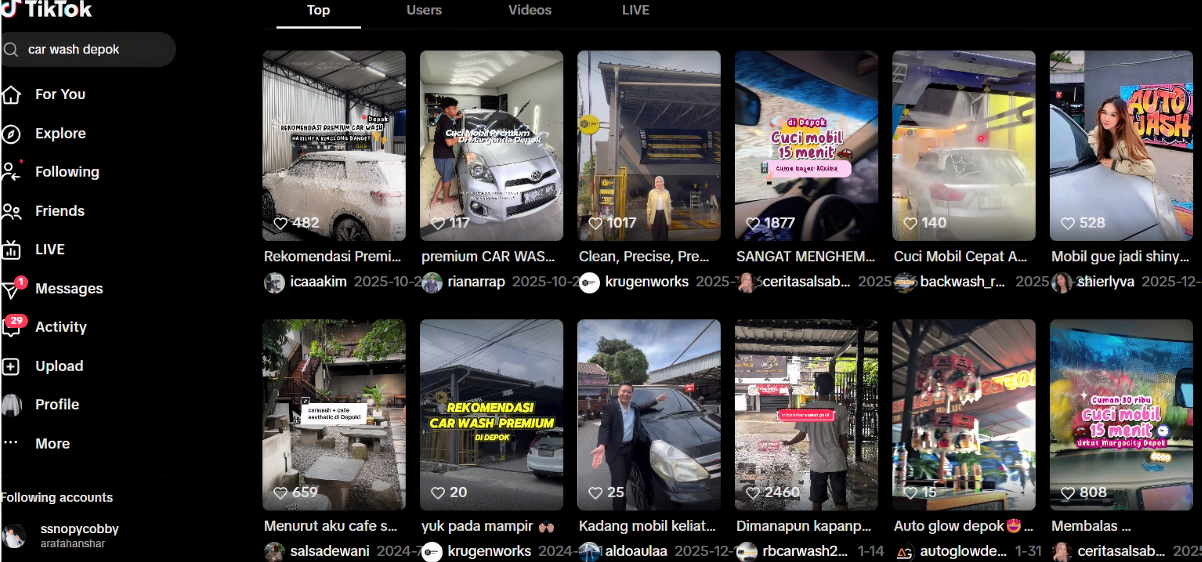 TikTok search car wash Depok after Arfadia, Glam Autowash ranking at the top