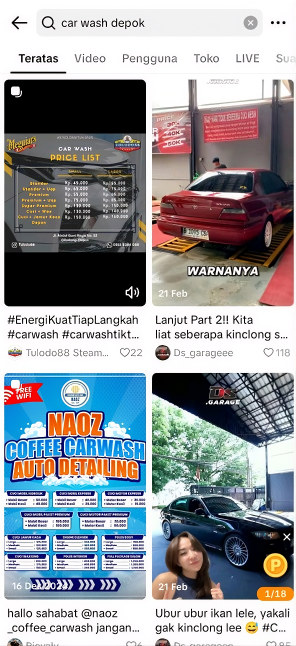 TikTok search car wash Depok before Arfadia, Glam Autowash not ranking