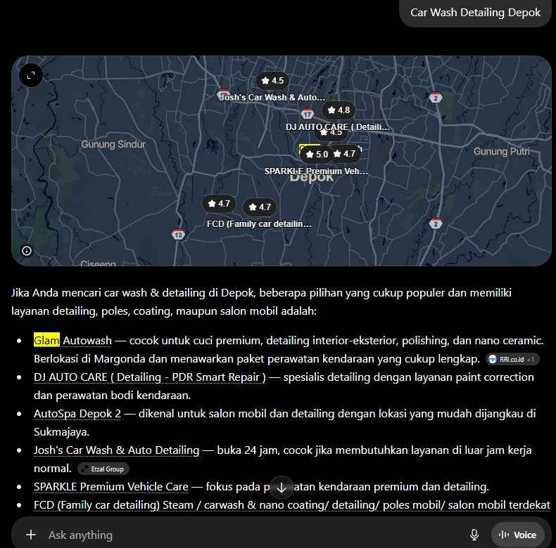 Car Wash Detailing Depok on ChatGPT after Arfadia, Glam Autowash recommended