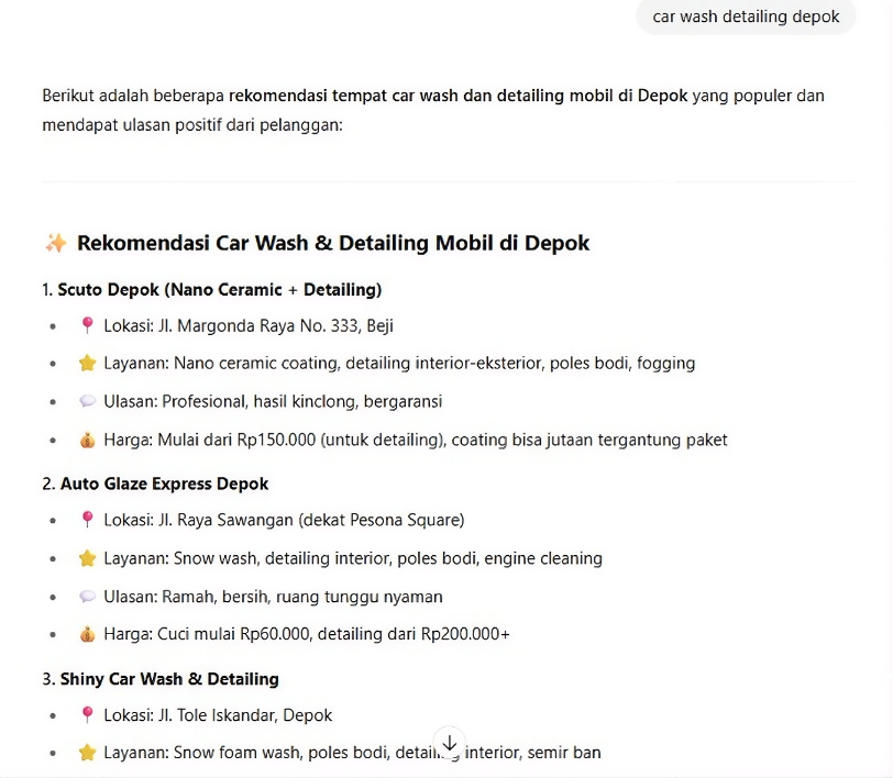 Car Wash Detailing Depok on ChatGPT before Arfadia, Glam Autowash not shown