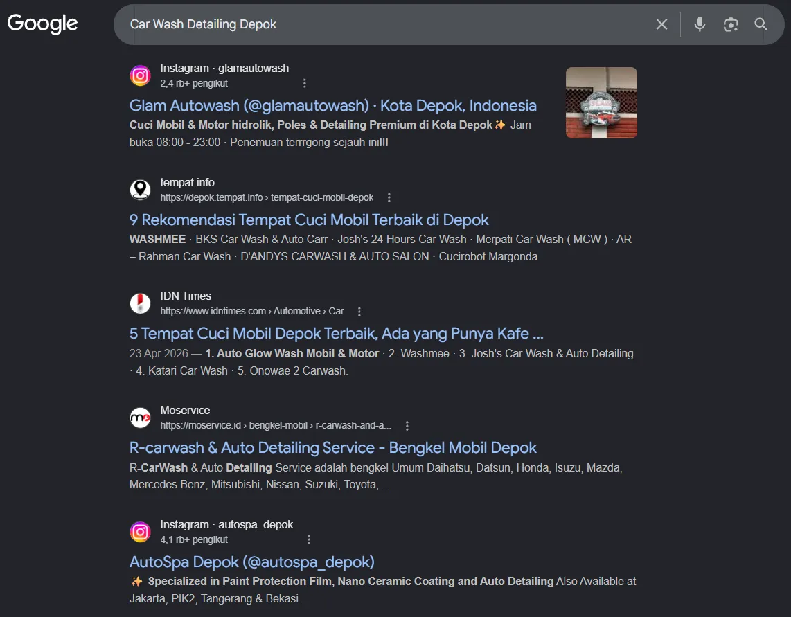 Car Wash Detailing Depok on Google after Arfadia, Glam Autowash recommended