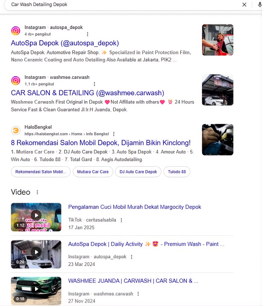 Car Wash Detailing Depok on Google before Arfadia, Glam Autowash not shown