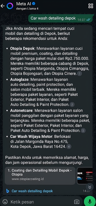 Car Wash Detailing Depok on Meta AI before Arfadia, Glam Autowash not shown