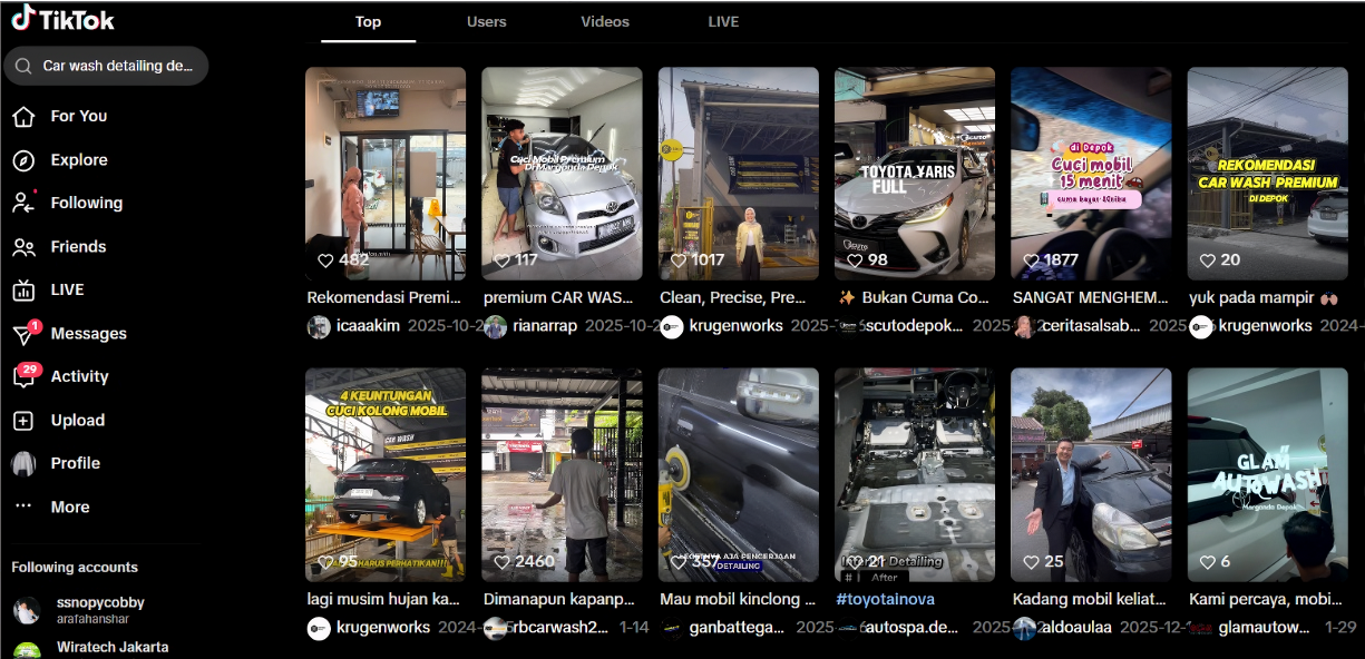 Car Wash Detailing Depok TikTok search after Arfadia, Glam Autowash ranking