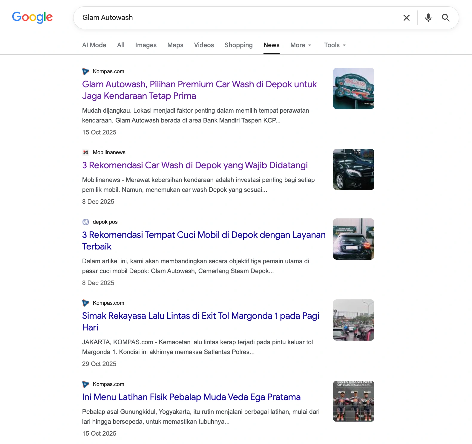 Google News search Glam Autowash after Arfadia, many published articles