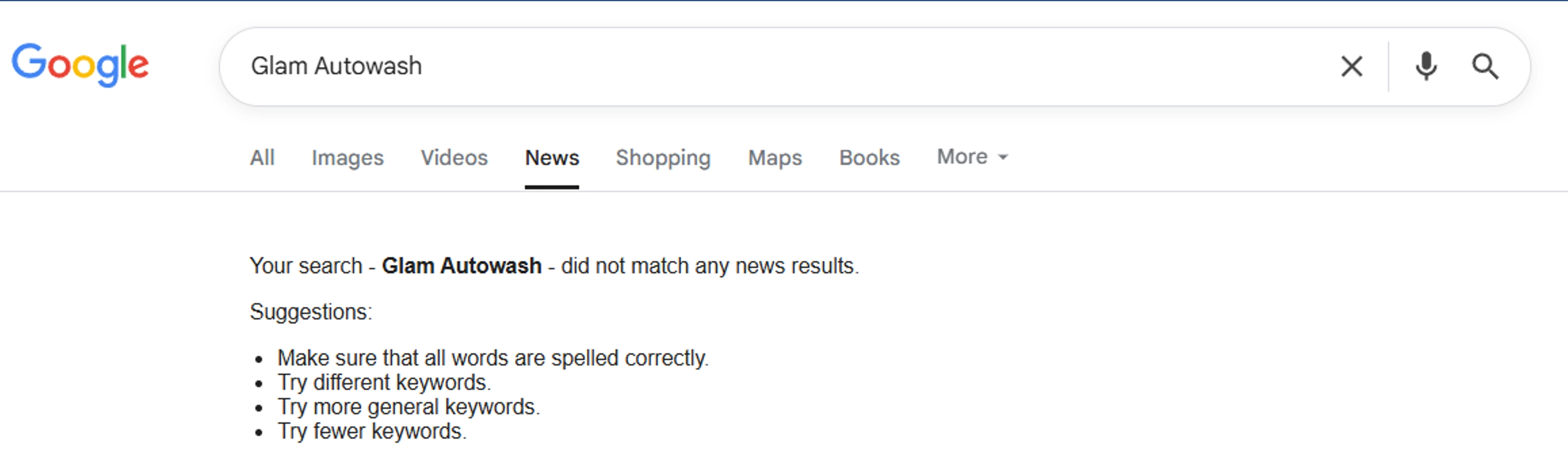 Google News search Glam Autowash before Arfadia, no results