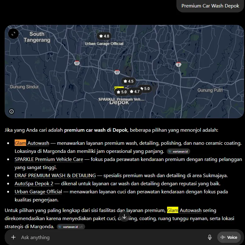 Premium Car Wash Depok on ChatGPT after Arfadia, Glam Autowash recommended