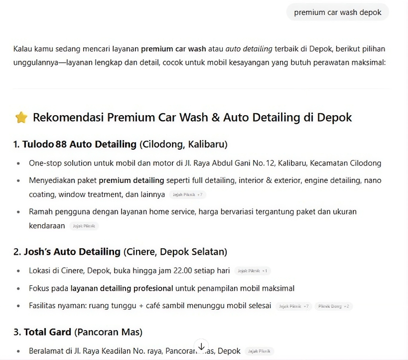 Premium Car Wash Depok on ChatGPT before Arfadia, Glam Autowash not shown