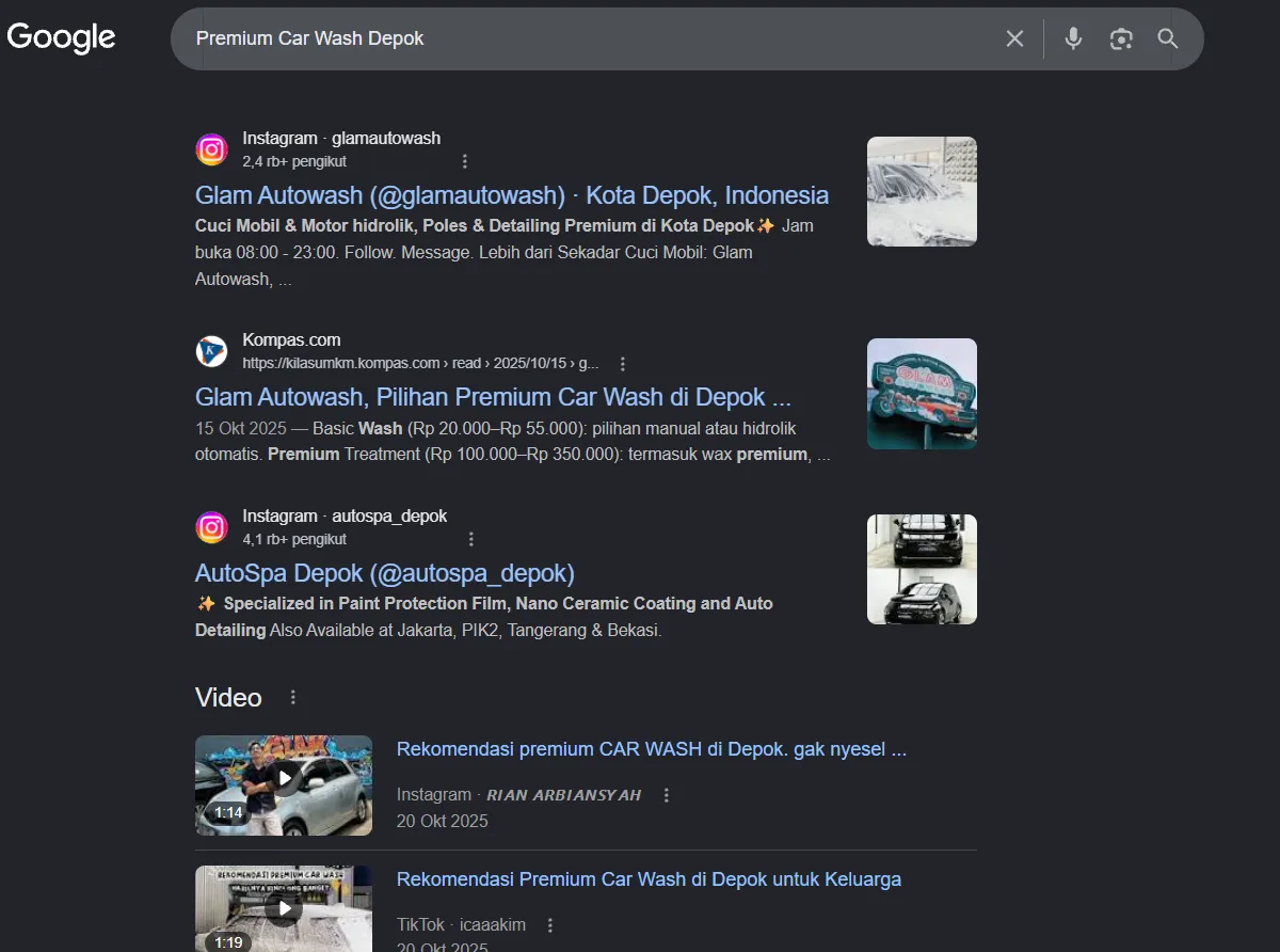 Premium Car Wash Depok on Google after Arfadia, Glam Autowash recommended