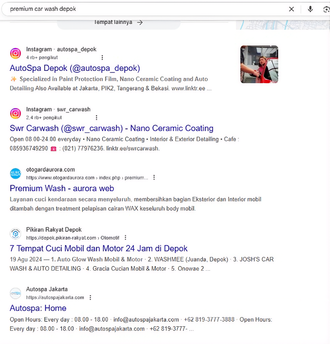 Premium Car Wash Depok on Google before Arfadia, Glam Autowash not shown