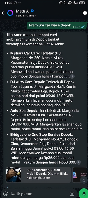 Premium Car Wash Depok on Meta AI before Arfadia, Glam Autowash not shown