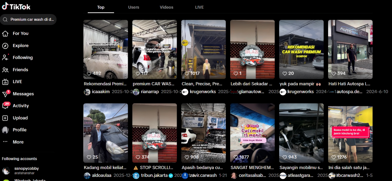 Premium Car Wash Depok TikTok search after Arfadia, Glam Autowash ranking