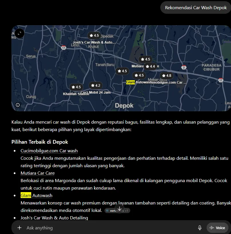 Rekomendasi Car Wash Depok on ChatGPT after Arfadia, Glam Autowash recommended