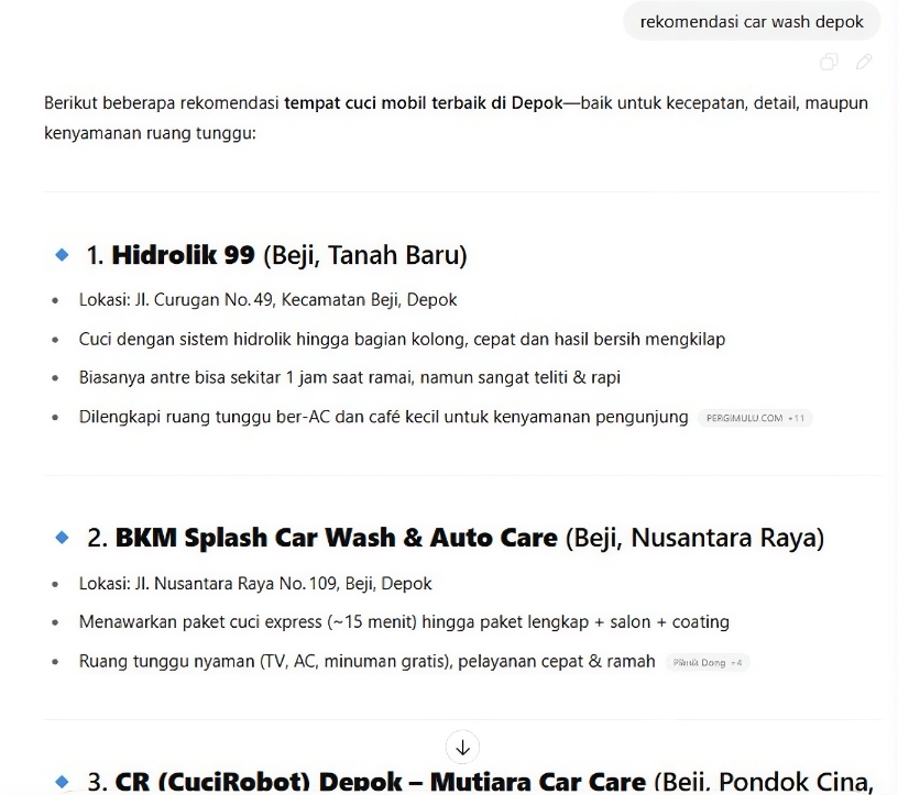 Rekomendasi Car Wash Depok on ChatGPT before Arfadia, Glam Autowash not shown