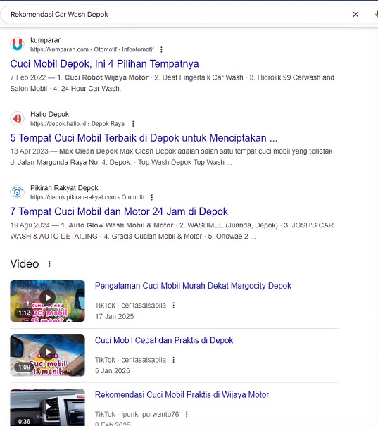 Rekomendasi Car Wash Depok on Google before Arfadia, Glam Autowash not shown
