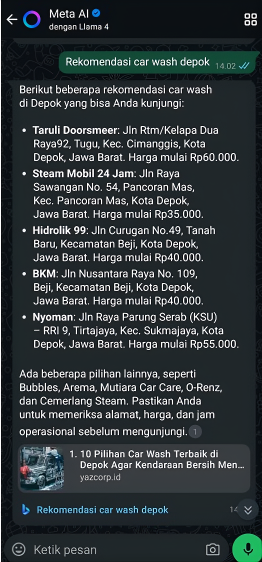 Rekomendasi Car Wash Depok on Meta AI before Arfadia, Glam Autowash not shown