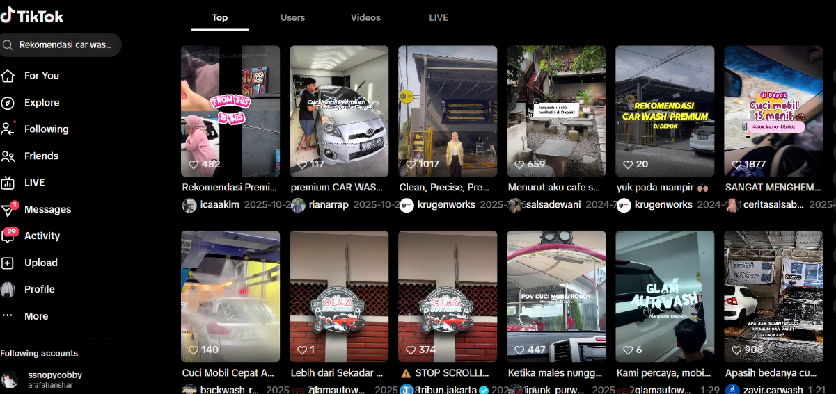 Rekomendasi Car Wash Depok TikTok search after Arfadia, Glam Autowash ranking