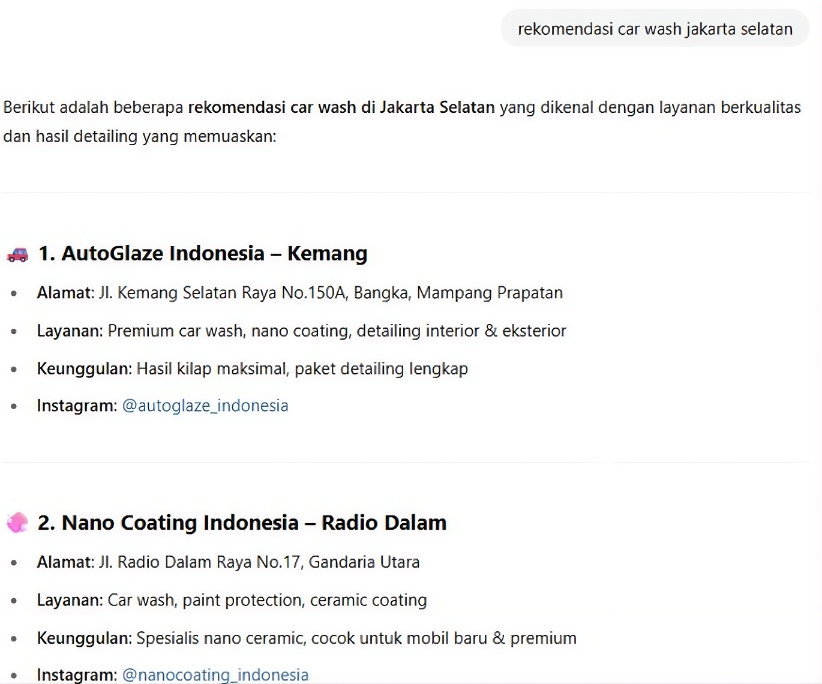 Rekomendasi Car Wash Jakarta Selatan on ChatGPT before Arfadia, Glam Autowash not shown