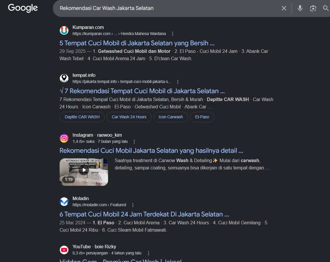 Rekomendasi Car Wash Jakarta Selatan on Google after Arfadia, Glam Autowash recommended