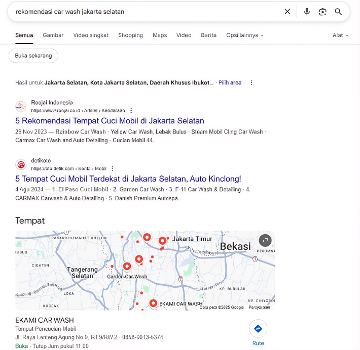 Rekomendasi Car Wash Jakarta Selatan on Google before Arfadia, Glam Autowash not shown