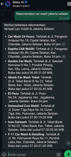 Rekomendasi Car Wash Jakarta Selatan on Meta AI before Arfadia, Glam Autowash not shown