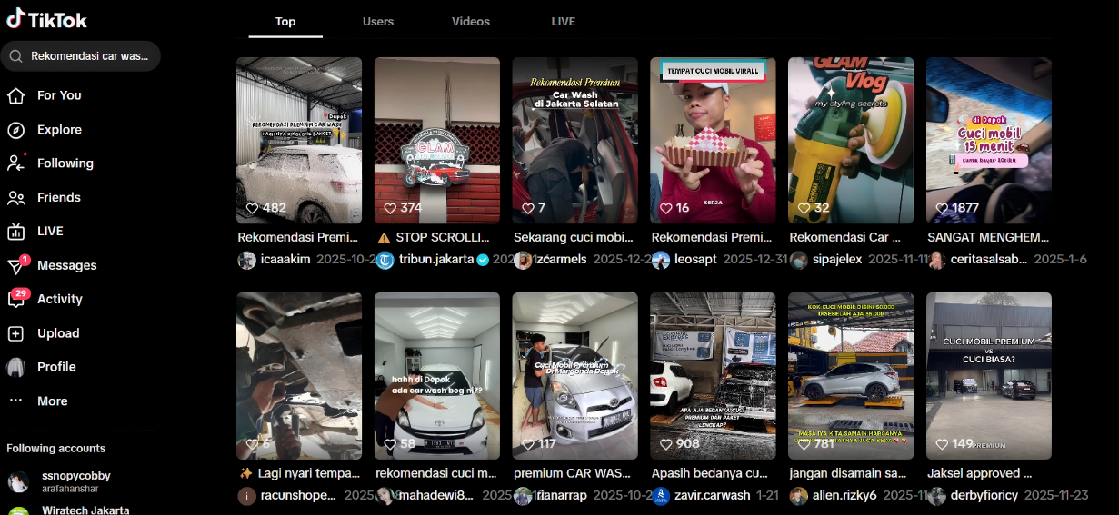 Rekomendasi Car Wash Jakarta Selatan TikTok search after Arfadia, Glam Autowash ranking